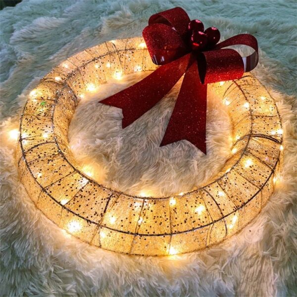 Christmas Garland 50CM Luminous LED Warm Light Metal Luminous Wreath With Big Bowknot Christmas Front Door Home Holiday Party Door Hanging Decor - Image 5